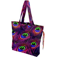 Peacock Feathers Color Plumage Drawstring Tote Bag by Celenk