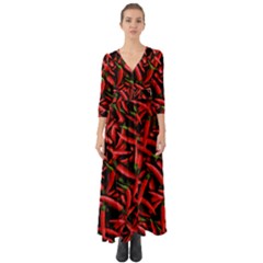 Red Chili Peppers Pattern Button Up Boho Maxi Dress by bloomingvinedesign
