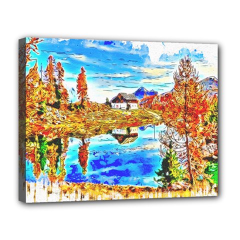 Lake Chalet Mountain Art Canvas 14  X 11  (stretched) by Nexatart