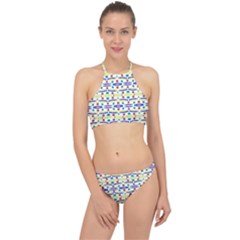 Retro Blue Yellow Brown Teal Dot Pattern Racer Front Bikini Set by BrightVibesDesign