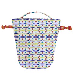 Retro Blue Yellow Brown Teal Dot Pattern Drawstring Bucket Bag by BrightVibesDesign