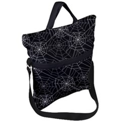 Pattern Spiderweb Halloween Gothic On Black Background Fold Over Handle Tote Bag by genx