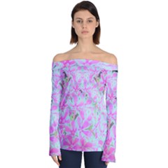 Hot Pink And White Peppermint Twist Flower Petals Off Shoulder Long Sleeve Top by myrubiogarden