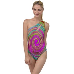 Groovy Abstract Pink, Turquoise And Yellow Swirl To One Side Swimsuit by myrubiogarden