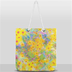 Pretty Yellow And Red Flowers With Turquoise Full Print Rope Handle Tote (large) by myrubiogarden