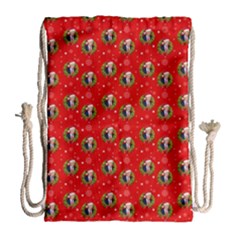 Trump Wrait Pattern Make Christmas Great Again Maga Funny Red Gift With Snowflakes And Trump Face Smiling Drawstring Bag (large) by snek