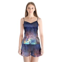 Lagoon Nebula Interstellar Cloud Pastel Pink, Turquoise And Yellow Stars Satin Pajamas Set by genx