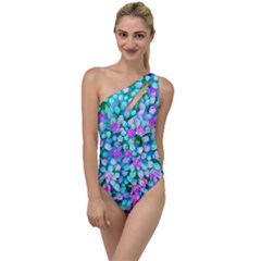 Blue And Hot Pink Succulent Sedum Flowers Detail To One Side Swimsuit by myrubiogarden