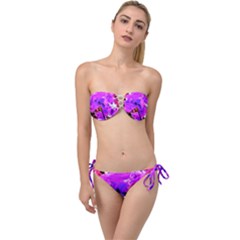 Abstract Ultra Violet Purple Iris On Red And Pink Twist Bandeau Bikini Set by myrubiogarden