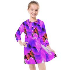 Abstract Ultra Violet Purple Iris On Red And Pink Kids  Quarter Sleeve Shirt Dress by myrubiogarden