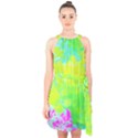 Fluorescent Yellow And Pink Abstract Garden Foliage Halter Collar Waist Tie Chiffon Dress View1
