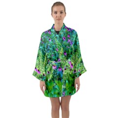 Purple Coneflower Garden With Tiger Eye Tree Long Sleeve Kimono Robe by myrubiogarden