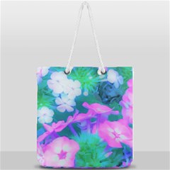 Pink, Green, Blue And White Garden Phlox Flowers Full Print Rope Handle Tote (large) by myrubiogarden