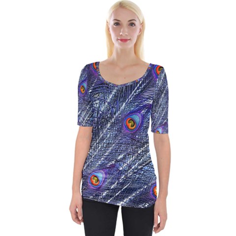 Peacock Feathers Color Plumage Wide Neckline Tee by Wegoenart