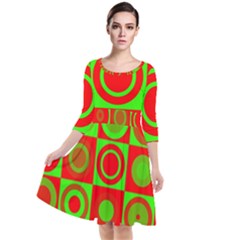 Red Green Christmas Background Quarter Sleeve Waist Band Dress by Wegoenart