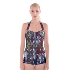 Christmas Cross Stitch Background Boyleg Halter Swimsuit  by Wegoenart