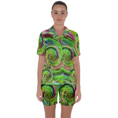 Groovy Abstract Green And Crimson Liquid Swirl Satin Short Sleeve Pyjamas Set by myrubiogarden