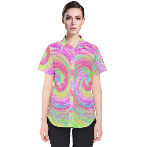 Groovy Abstract Pink And Blue Liquid Swirl Painting Women s Short Sleeve Shirt by myrubiogarden