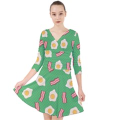Bacon And Egg Pop Art Pattern Quarter Sleeve Front Wrap Dress by Valentinaart