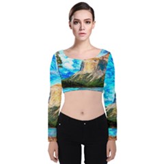 Painting Paintings Mountain Velvet Long Sleeve Crop Top by Pakrebo