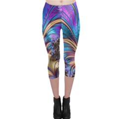 Fractal Feather Swirl Purple Blue Capri Leggings  by Pakrebo