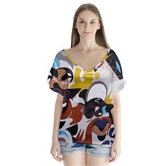 Graffiti Urban Colorful Graffiti City Wall Hip Hop Music Singers V-neck Flutter Sleeve Top by genx
