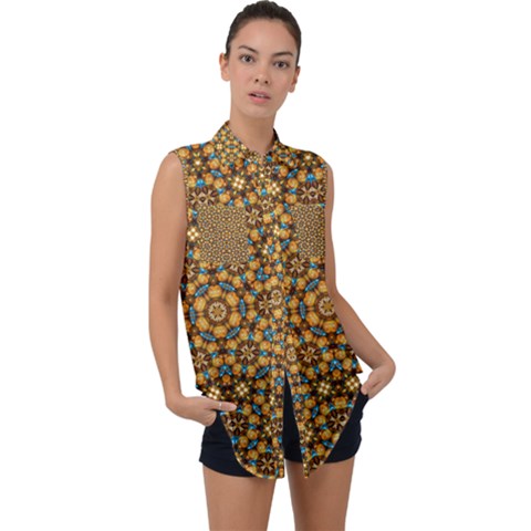 Tile Background Image Geometric Sleeveless Chiffon Button Shirt by Pakrebo