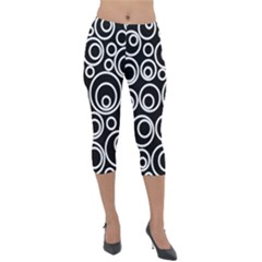 Abstract White On Black Circles Design Lightweight Velour Capri Leggings  by LoolyElzayat