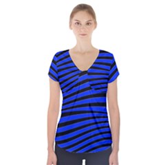Black And Blue Linear Abstract Print Short Sleeve Front Detail Top by dflcprintsclothing