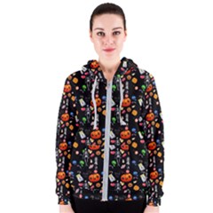 Halloween Treats Pattern Black Women s Zipper Hoodie by snowwhitegirl