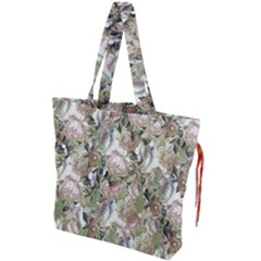 Romantic Beige Flowers Drawstring Tote Bag by retrotoomoderndesigns