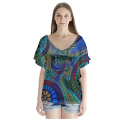 Fractal Abstract Line Wave Design V-neck Flutter Sleeve Top by Pakrebo