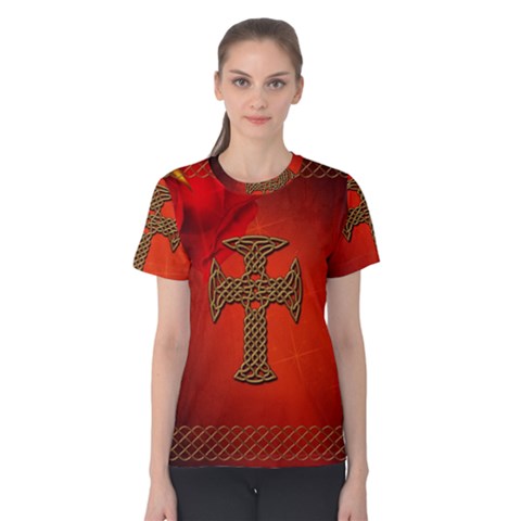 Wonderful Celtic Cross On Vintage Background Women s Cotton Tee by FantasyWorld7