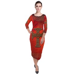 Wonderful Celtic Cross On Vintage Background Quarter Sleeve Midi Velour Bodycon Dress by FantasyWorld7