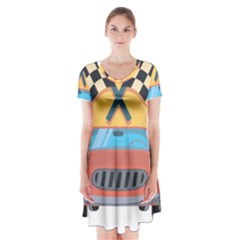 Automobile Car Checkered Drive Short Sleeve V-neck Flare Dress by Sudhe