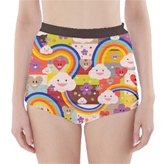 Rainbow Vintage Retro Style Kids Rainbow Vintage Retro Style Kid Funny Pattern With 80s Clouds High-waisted Bikini Bottoms by genx