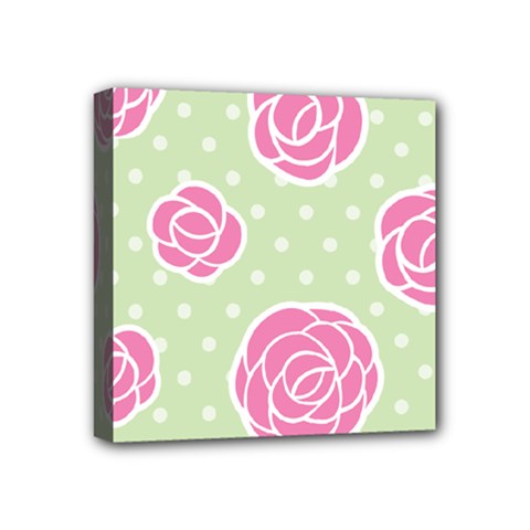 Roses Flowers Pink And Pastel Lime Green Pattern With Retro Dots Mini Canvas 4  X 4  (stretched) by genx