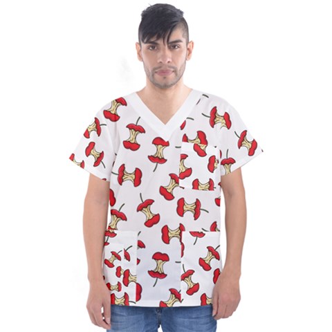 Red Apple Core Funny Retro Pattern Half On White Background Men s V-neck Scrub Top by genx