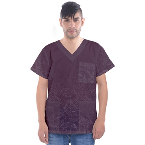 Organic Olive Leaves Pattern Hand Drawn Purple Red Wine Men s V-neck Scrub Top by genx