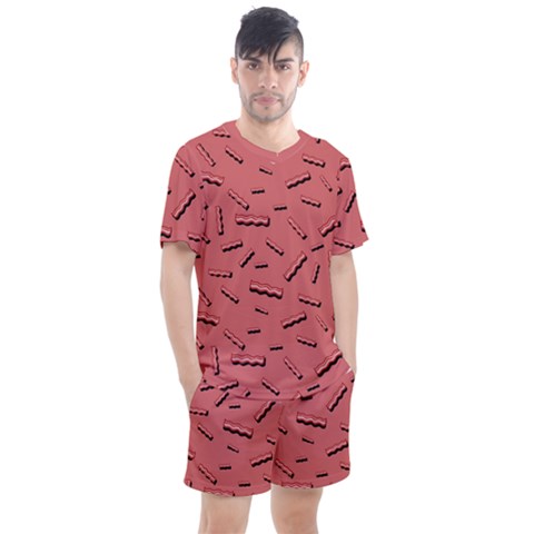 Funny Bacon Slices Pattern Infidel Vintage Red Meat Background  Men s Mesh Tee And Shorts Set by genx