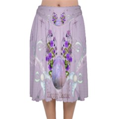 Happy Easter, Easter Egg With Flowers In Soft Violet Colors Velvet Flared Midi Skirt by FantasyWorld7