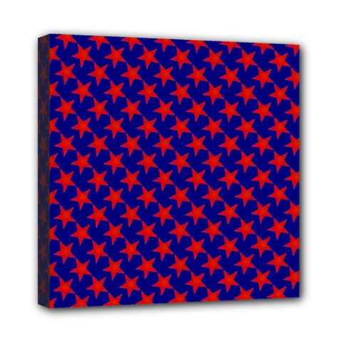 Red Stars Pattern On Blue Mini Canvas 8  X 8  (stretched) by BrightVibesDesign