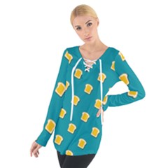 Toast With Cheese Pattern Turquoise Green Background Retro Funny Food Tie Up Tee by genx