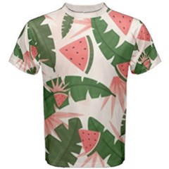 Tropical Watermelon Leaves Pink And Green Jungle Leaves Retro Hawaiian Style Men s Cotton Tee by genx