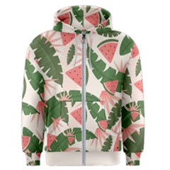 Tropical Watermelon Leaves Pink And Green Jungle Leaves Retro Hawaiian Style Men s Zipper Hoodie by genx