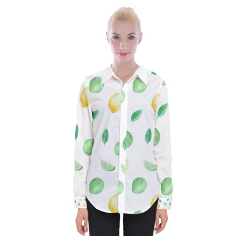Lemon And Limes Yellow Green Watercolor Fruits With Citrus Leaves Pattern Womens Long Sleeve Shirt by genx