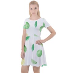Lemon And Limes Yellow Green Watercolor Fruits With Citrus Leaves Pattern Cap Sleeve Velour Dress  by genx
