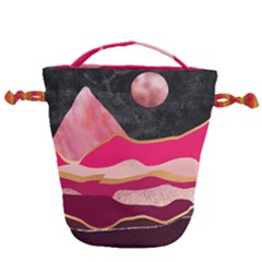 Pink And Black Abstract Mountain Landscape Drawstring Bucket Bag by charliecreates