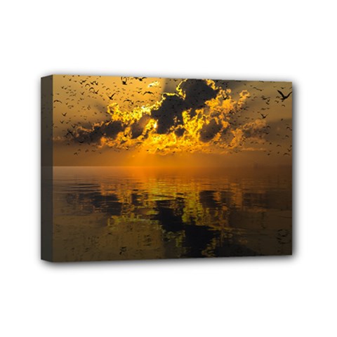 Sunset Reflection Birds Clouds Sky Mini Canvas 7  X 5  (stretched) by HermanTelo