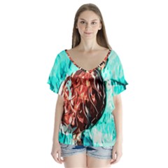 Tortoise Marine Animal Shell Sea V-neck Flutter Sleeve Top by HermanTelo